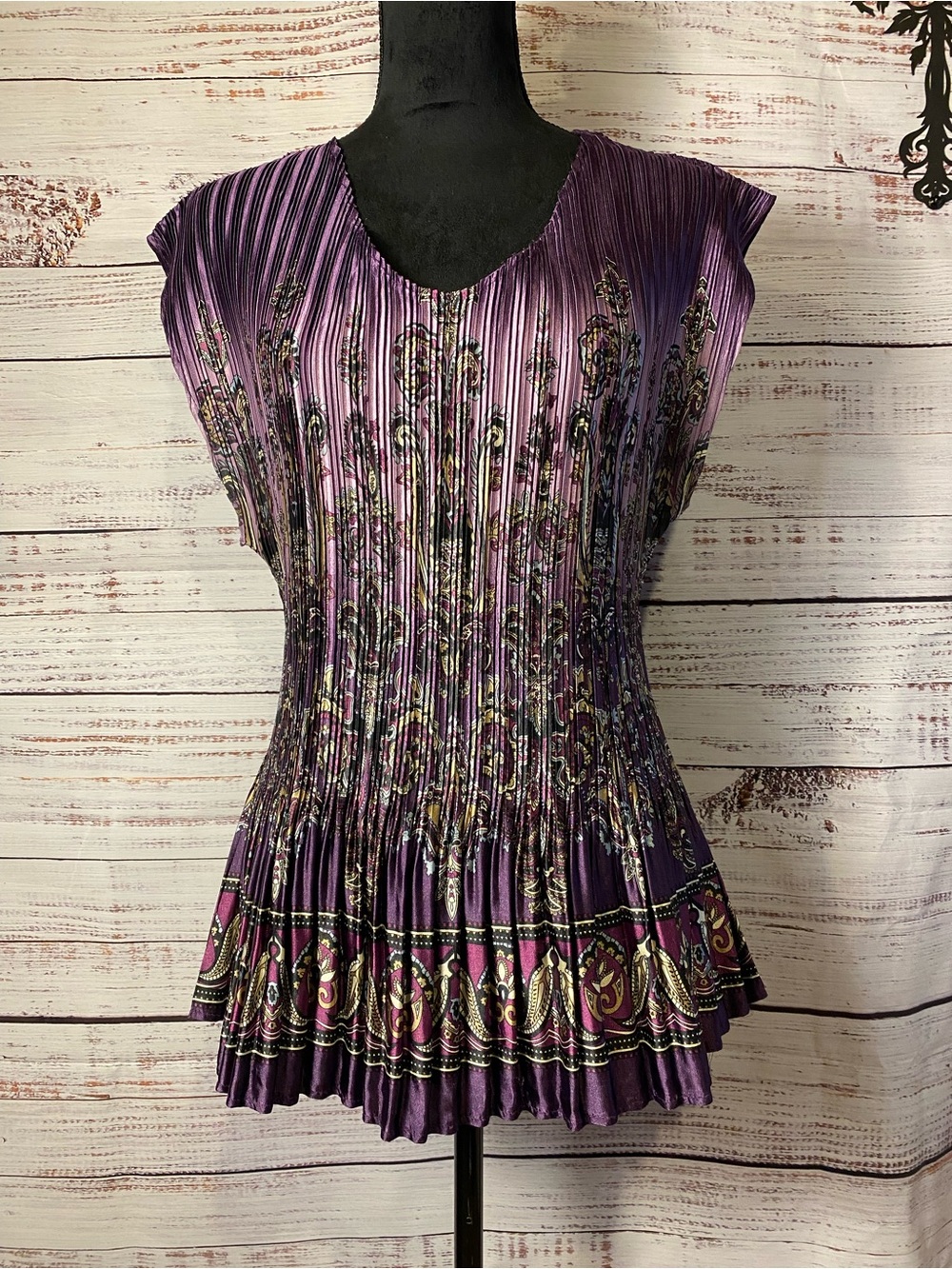 Milano Purple Accordion Pleated Floral-Print Women’s Blouse Sz-1XL